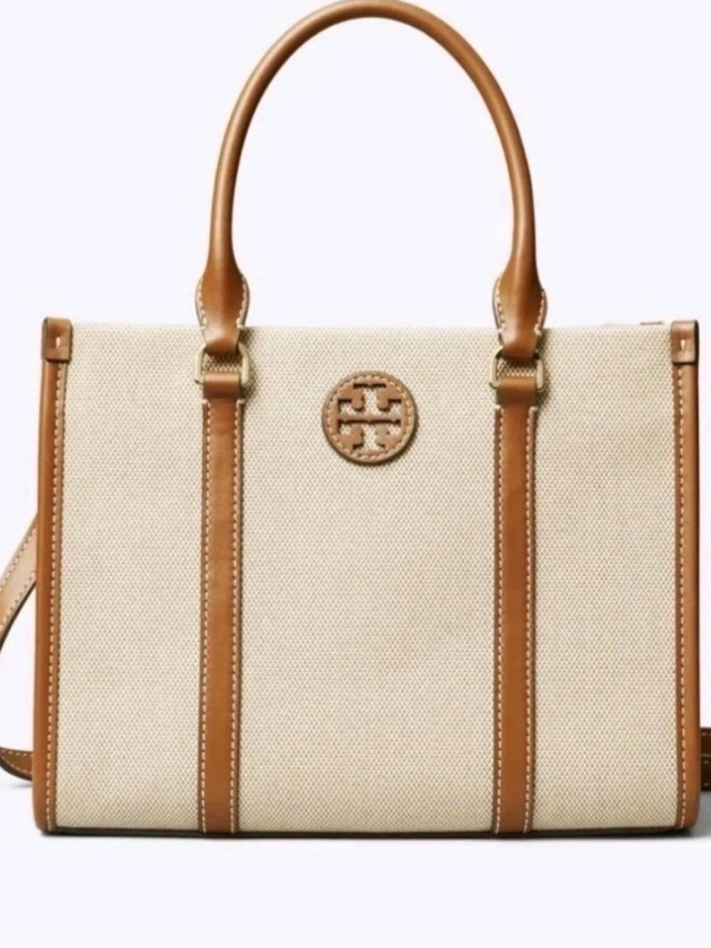 Tory Burch Cream Canvas Tote with Tan Leather Trim